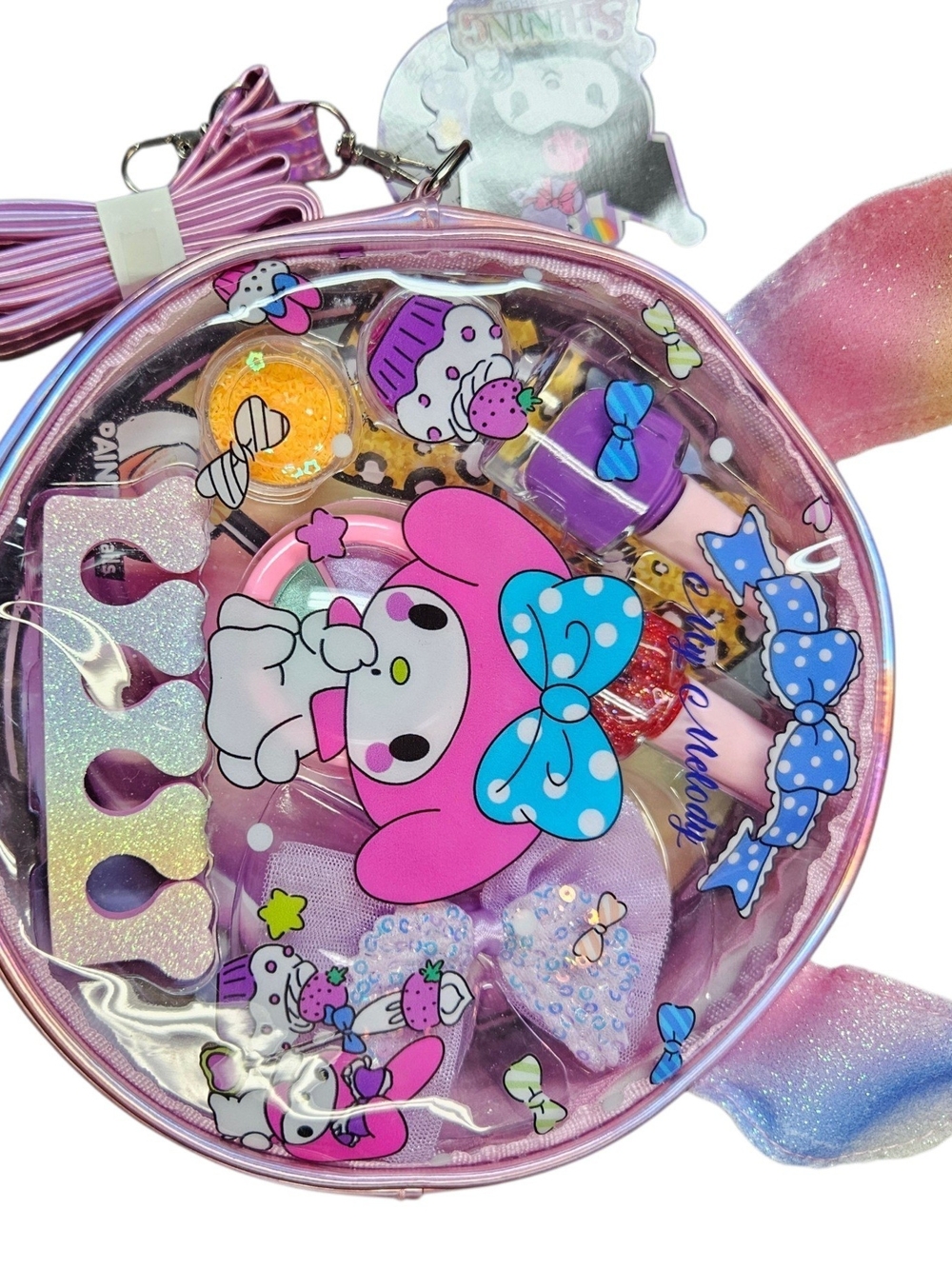 Pink Clear Kids Accessory Bag with Hair Bows and Mini Toys